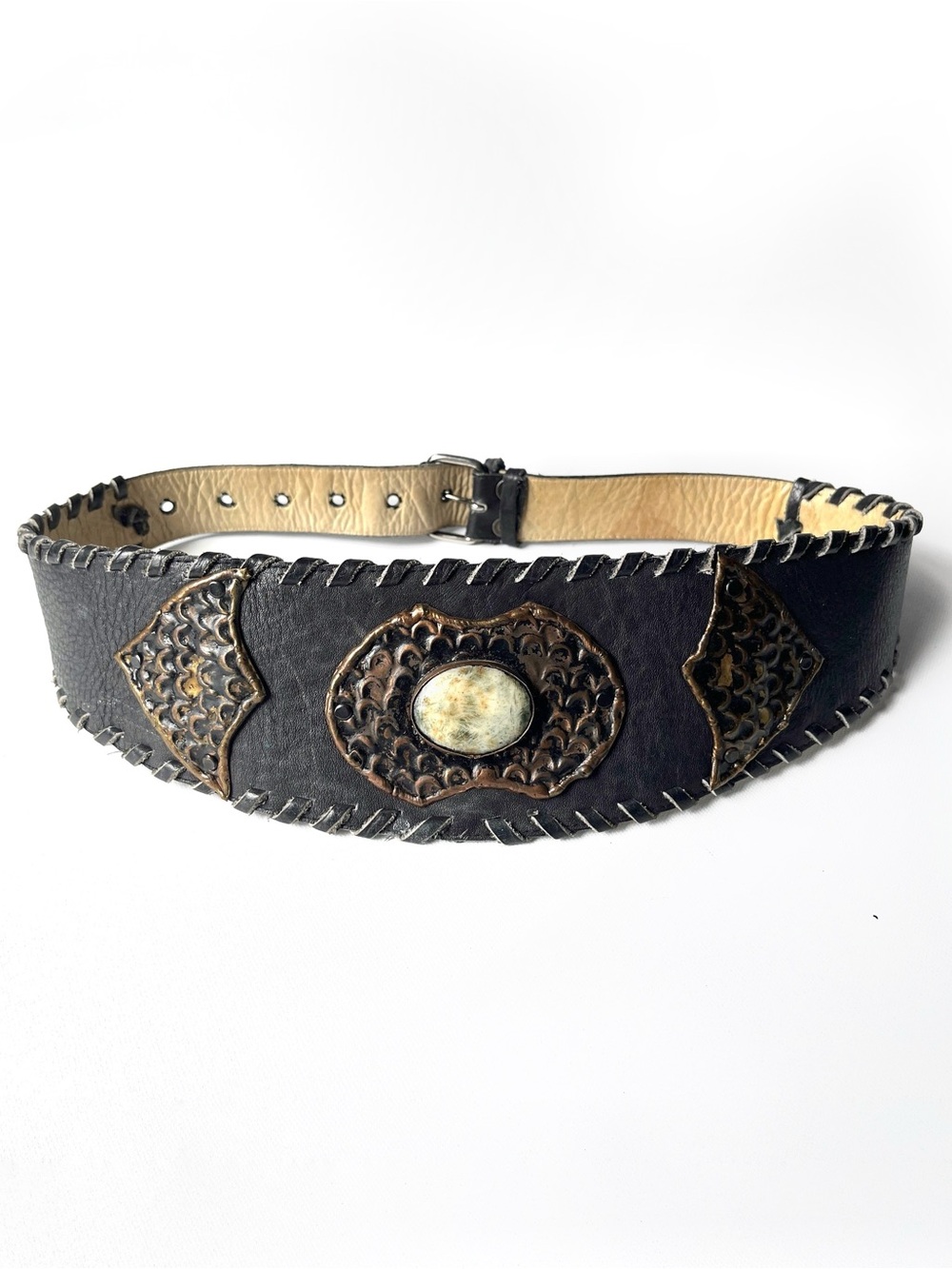 Vintage 80s Julia DePeralta Cowhide Leather Belt Cabochon Gemstone Spain OOAK